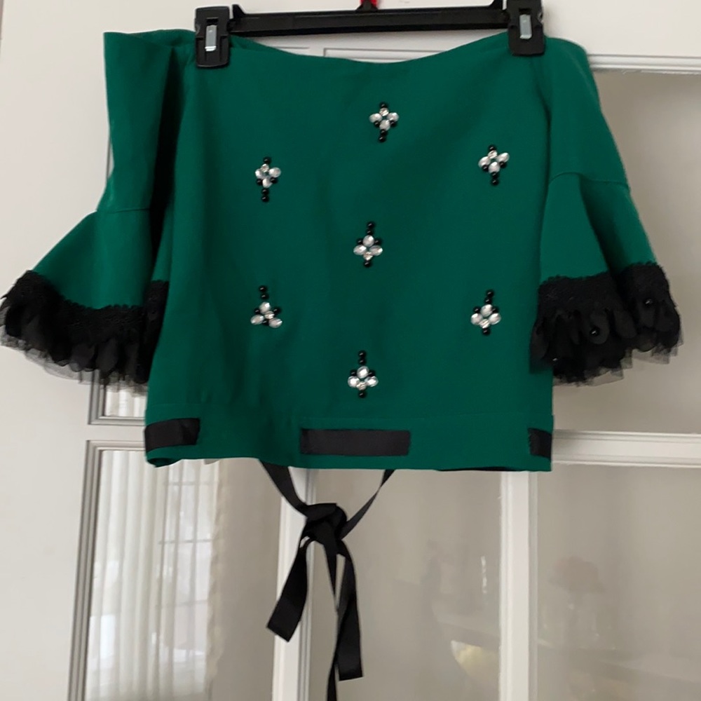 Lila Rose Womans Green and Black Dressy top with rhinestone .Size 40